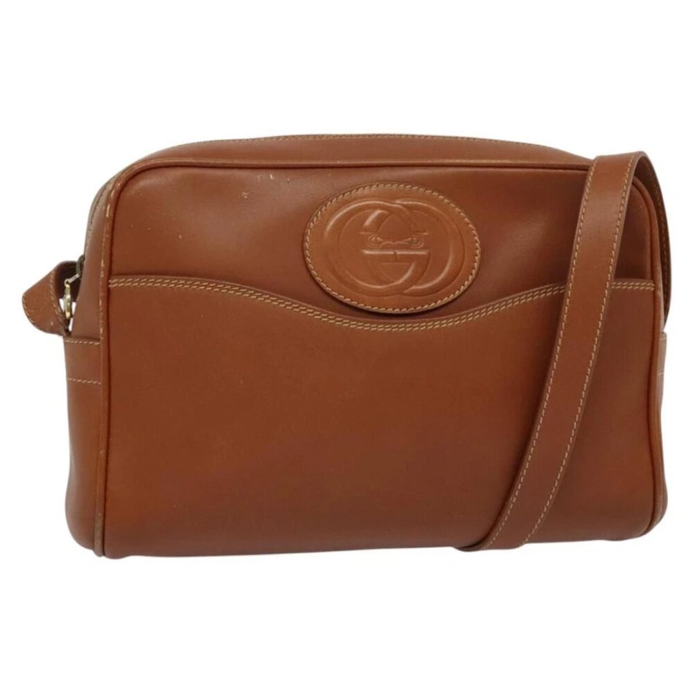 GUCCI Shoulder Bag Leather Brown Gold Auth gh539